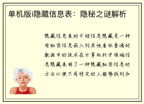 单机版i隐藏信息表：隐秘之谜解析